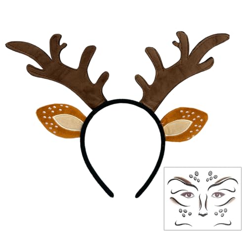 EUPSIIU Diadema Orejas de Animales, Ciervo Traje Tocado Diadema, Diadema Cuernos Ciervo Cuernos Ciervo Orejas + Cara Ciervo Tatuaje, para Carnaval Disfraz Fiesta Temática Halloween Cosplay (Marrón)