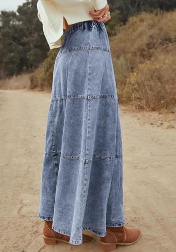 yoeasy Women's Denim Maxi Skirt Button Casual Boho Flowy Tiered Swing Vintage A-Line Jean Midi Long Skirt2