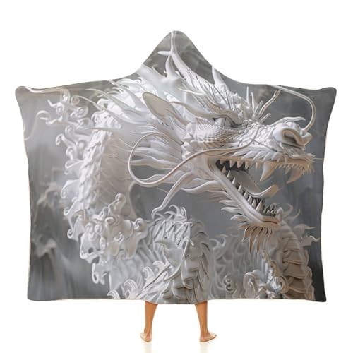 Couverture à capuche dragon blanche jeté de canapé portable pour voyage et bureau