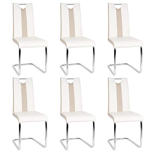 GLIT Chaises de Salle à Manger Lot de 6, Chaises Cantilever avec Assise Rembourrée, Acier Chromé Revêtement, Chaises de Salle a Manger ou Cuisine, Charge Max 135 kg (6, Beige Blanc)