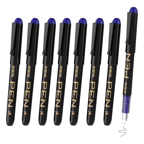 EYEYE Set de 8 Plumas Estilográficas - Plumas Estilográfica Desechables Plumín de Acero, Resistente y Suave con el Papel - Azul - Plumín Extrafina