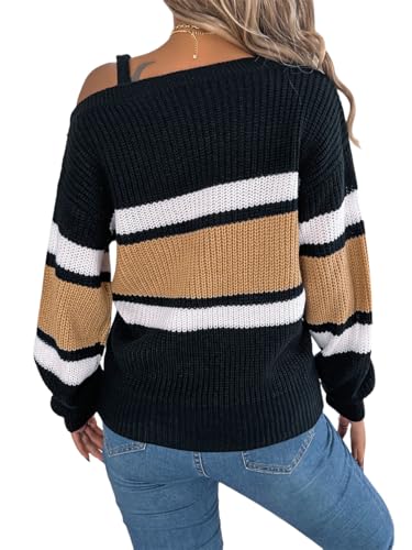 AMOMA Women's Color Block Lantern Sleeve Metal Buckle Off Shoulder Knitted Striped Pullover Sweater4