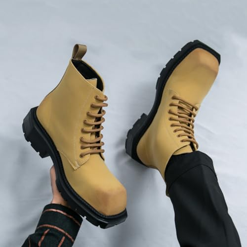 Image of Mens Retro Leather Lace-Up Chunky Heels Chukka Ankle Boots Casual High-Top Non-Slip Square Toe Dress Shoes for Walking Formal Business