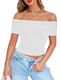 Topstype Off Shoulder Tops for Women Short Sleeve Summer Slim Fit Ribbed T Shirts Fitted Going Out White