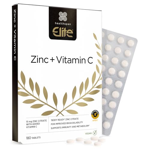 Healthspan Elite Zinc & Vitamin C (6 months’ supply) | 15mg Zinc & 80mg Vitamin C to support your immune health | All Blacks Official Partner | Easy swallow tablets | Informed Sport Accredited | Vegan