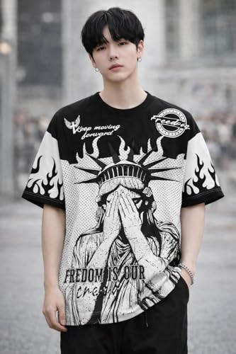 Image of Men's Polyester Oversize Printed T-Shirt, Color Block, Round Neck, Regular Fit, Urban Streetwear Theme