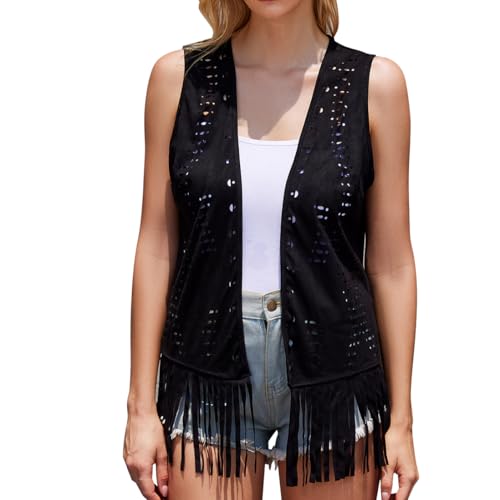 Women Fringe Tassel Vest Western 70s Cowgirl Faux Suede Sleeveless Vest