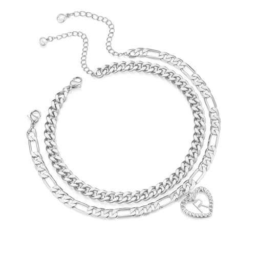 Image of Dainty Gold Ankle Bracelets for Women 14K Gold Plated Heart Initial Anklets for Women Stackable Cuban Figaro Chains Women's Anklets Anklets for Women Waterproof