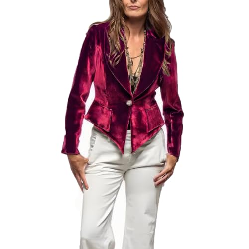 Women's Vintage Velvet Blazer Suit One Button V-Neck Slim Coat Retro Casual Dressy Tops