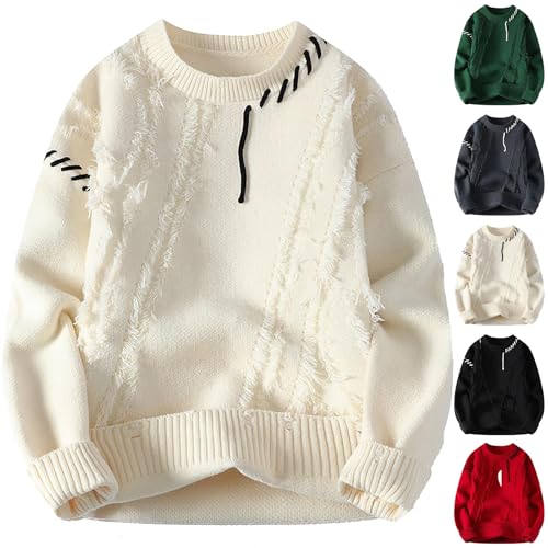 Mens Thick Sweater Long Sleeve Crewneck Knitted Pullover Sweater Casual Patchwork Thermal Sweaters for Fall Winter