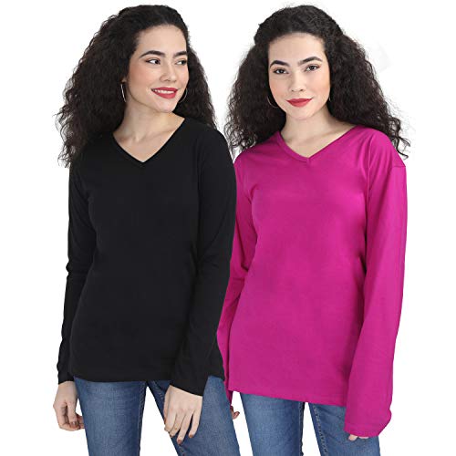 Image of FLEXIMAA Women's Cotton Plain V Neck Full Sleeve T-Shirt