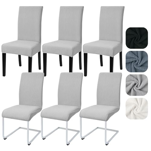 Alishomtll Dining Chair Covers Set of 6 Stretch Streaks Chair Covers for Dining Chairs Elastic Removable Chair Slipcover Reusable Washable Chair Protector for Kitchen Hotel Banquet (Light Grey, 6 pcs)