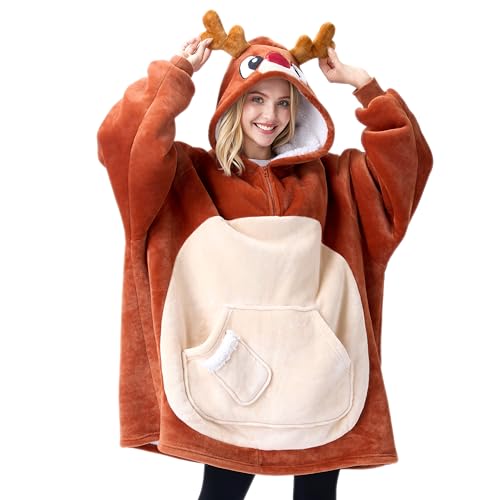Image of Giggling Getup Wearable Blanket Hoodie for Women Men Sherpa Fleece Hooded Blanket Sweatshirt Warm Cozy Sherpa Wearable Throw Oversized Hoodie with Giant Pocket & Sleeves for Adult Christmas Reindeer