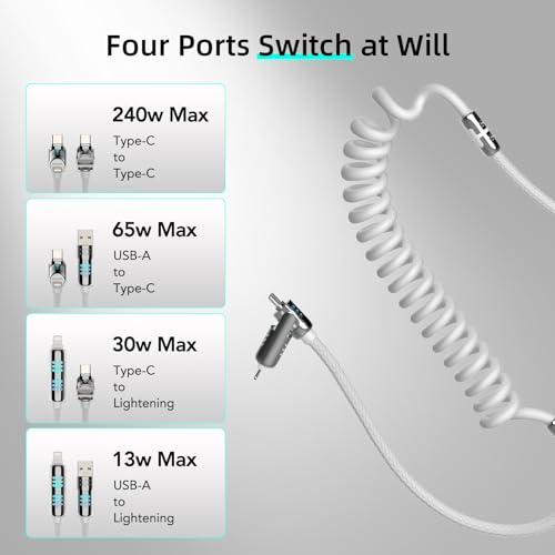 Image of MFish 4 in 1 USB C Charging Cable, 6.6FT Coiled Fast Charging Cable 240W, USB A /C to USB C and Lightning Cable for iPhone 17 /16 /15, iPad, MacBook Pro /Air, Laptop, Android, Car Travel Cord