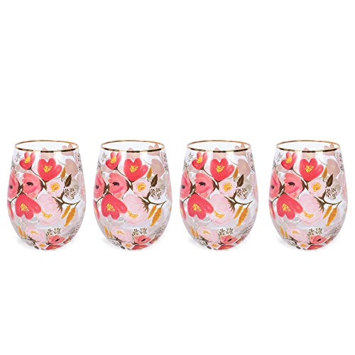 Mary Square Pink Peony Floral 8 Ounce Glass Stemless Wine Tumbler Set Of 4 #TOP11