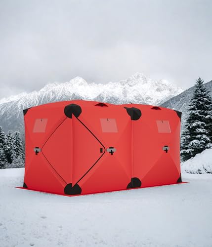 Pop Up Ice Fishing Tent Insulated Ice Fishing Shelter Portable Hub-Style Shelter Shanty Windproof and Warm, Multiple Sizes for 6-8 Person, Red, 6x11.7x6.6 Ft