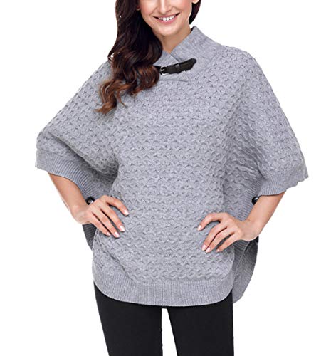 JLTPH Mujer Poncho Capa Elegante de Punto Cuello Alto Batwing 3/4 Manga Casual Sueltos Suéter de Punto Capas Chal Jersey Outwear Cover
