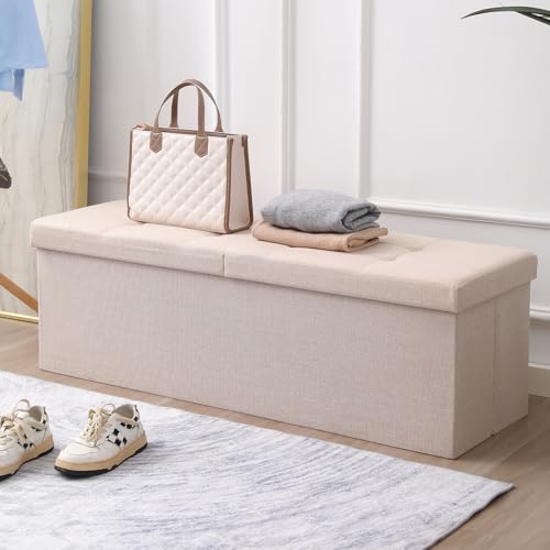 Image of Storage Ottoman Bench Foldable Footrest Foot Stool, 45 inch Fabric Brown | Small Ottoman Foot Rest Seat Shoe Bench Flip-Top forliving Room End of Bed Bedroom Couch Dorm 166L Folding Upholstered Chair