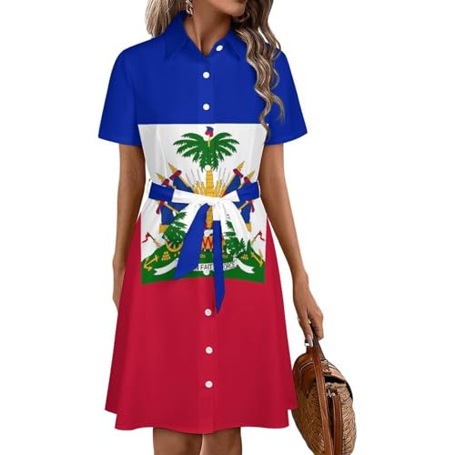 KAOEOSI Haitian Flag Women's Short Sleeve Collared Shirt Dress Summer Button Down A Line Dresses 2XL