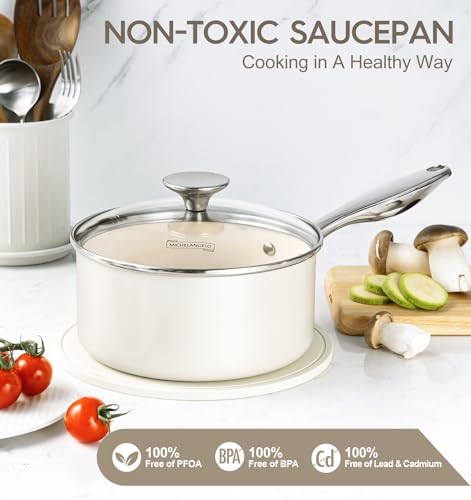 MICHELANGELO 1 Quart Saucepan with Lid, Nonstick Sauce Pan with Non-Toxic Ceramic Coating, Cream Sauce pan, 1 Qt Saucepans, Oven Safe by MICHELANGELO - Used condition - Image 2