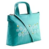 Mala Leather Moonflower Bee & Flowers - Bolso de mano de piel auténtica con correa desmontable, cruzado, hombro y asa superior, 30 x 22,5 x 9 cm, Turquoise, 27 X 20 X 5 Centimeters