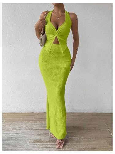 Image of SOLY HUX Women's Two Piece Outfits Twist Front Halter Cami Tops and Skirt Summer Set