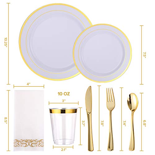 Focusline 350 Piece Disposable Gold Dinnerware Set For Party Or Wedding-100 Gold Rim Plastic Plates - 50 Gold Plastic Silverware - 50 Gold Plastic Cups - 50 Linen Like Gold Paper Napkins(50 Guest) #TOP1
