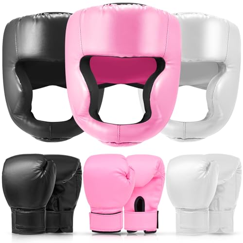 Kanayu 3 Pcs Boxing Headgears 3 Pair Gloves Set, Black, White, Pink, Adult