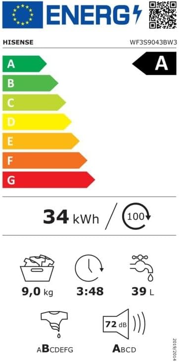 Hisense WF3S9043BW3 Energy Label showing A rating, 34 kWh/100 cycles, 9kg capacity, 3:48 duration, 39L water, and 72dB noise.