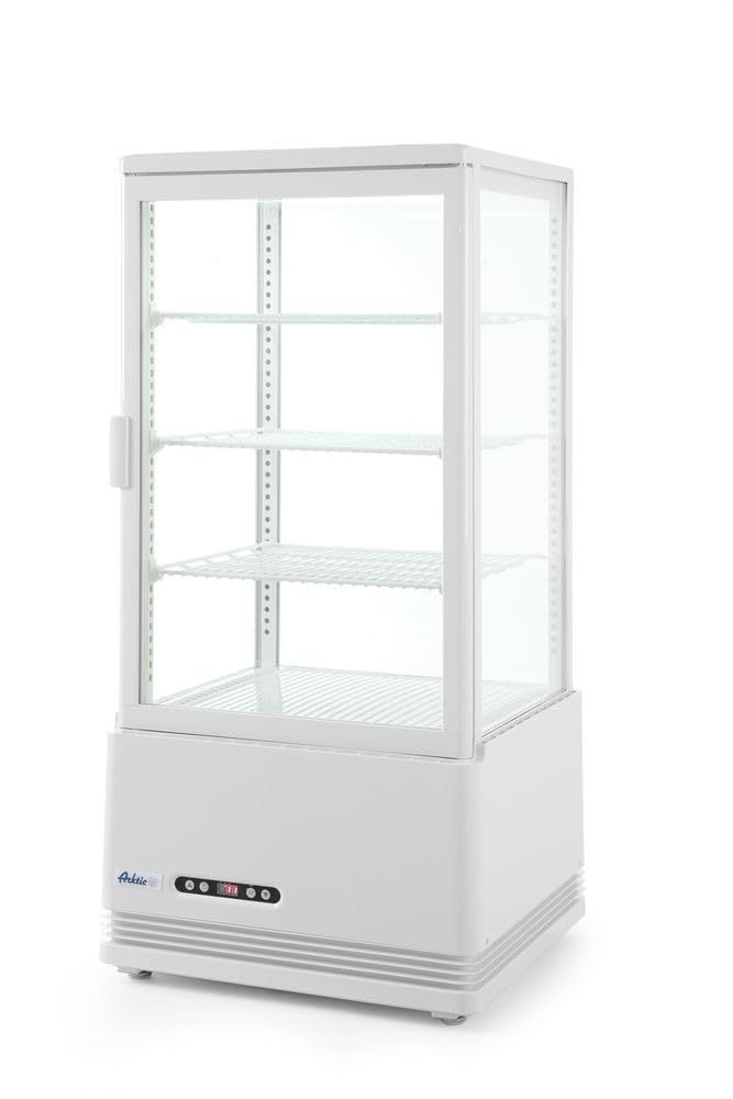 HENDI Vitrina expositora refrigerada, descongelación automática, sistema antivaho, 3 estantes, iluminaciónED, etiqueta energética C, 78L, 230V, 170W, 452x406x(H)966mm, Blanco, ABS, doble cristal