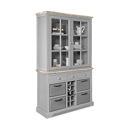 Florence Dove Grey dresser with drawers, baskets and wine rack. Large glass display cabinet with shelves