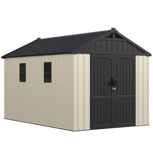 Image of Greesum 8X12FT Plastic Outdoor Storage Shed with Floor, Resin Sheds, Beige