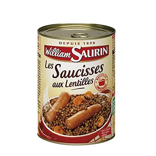 WILLIAM SAURIN - Saucisses Lentilles 420G – Délicieuse conserve de légumes et viande pour une pause salée savoureuse de haute qualité. - Lot De 4
