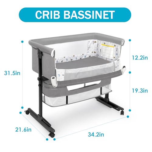 Image of YADAQE Baby Bassinet, Baby Basinet Bedside Sleeper, Easy to Fold Portable Crib Side Bassinet 2025new Style Girl /boy bassinets(Light Grey)