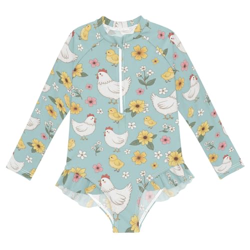 Chicken Flowers Pattern Girls Rash Guard Swimsuits Long Sleeve One Pieces Bathing Suit UPF 50+ Zipper Swimwear