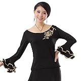 Yhhsgscr Women's Long Sleeve Ballroom Clothing National Standard Dance Top Round Neck Modern Dancewear Tango Training Outfit,Black,S