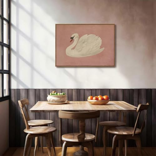 Image of KISSFOX Framed Wall Art Vintage Wall Decor Pink Swan Pictures Retro Animal Canvas Art Rustic Aesthetic Paintings Farmhouse Artwork For Bedroom Living Room Kitchen