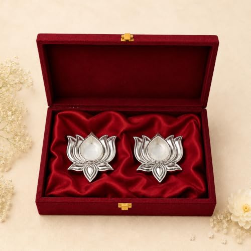 Image of Diviniti 999 Silver Plated Lotus Diya Set of 2 with Luxury Gift Box|Decorative Lotus Oil Lamp for Pooja Room, Home Temple & Diwali Decoration|Silver Finish Antique Diya for Gifting & Spiritual Decor