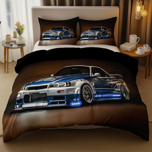 Funda nórdica Coches Nissan Coches de Carreras de 2 Piezas,Suave y Transpirable Reversible Microfibra Negro Ropa de Cama,con Cremallera 135 x 200 cm con 2 Fundas,Fácil Cuidado
