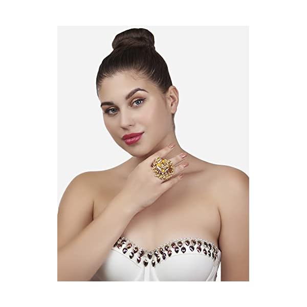 ZAVERI PEARLS Yellow & Pink Meenakari Lotus Design Cluster Pearls Adjustable Ring For Women-ZPFK13521 - Image 7