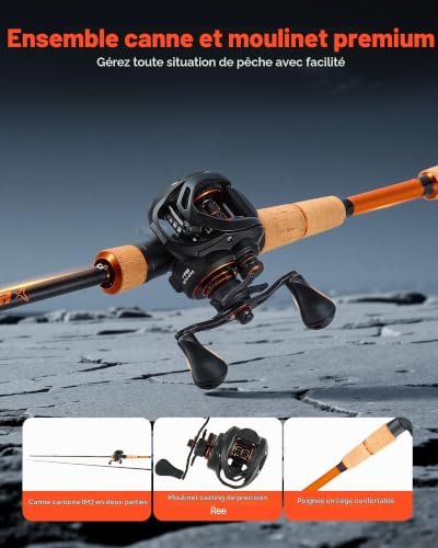 VEVOR Ensemble Canne et Moulinet Pêche, Fibre de Carbone IM7, Canne à Pêche et Moulinet Combiné avec 7+1 Roulements, Ratio 7,0:1, Modèle Casting Gaucher, Anneau Guidage Céramique, Poignée en Liège – vue 2