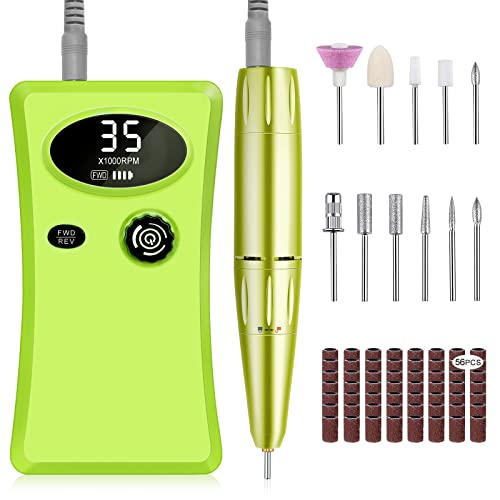 Electric Nail Files Professional,Urbuti Portable Nail Drill Machine for Acrylic and Gel Nails,35000RPM Rechargeable Electric Manicure Pedicure Set with 11 bits and LCD Display for Home Salon Use,Green