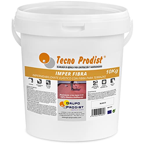 Tecno Prodist IMPER FIBRA (10 Kg, BLANCO) Pintura Terrazas Impermeabilizante y elástica con Fibras Incorporadas - Gran cubrición - (A Rodillo o brocha, disponible en color rojo o blanco)