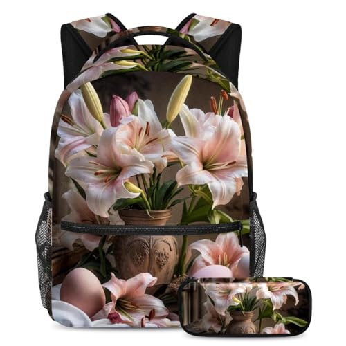 Sac à dos et trousse à crayons œufs de lys de Pâques roses pour ados