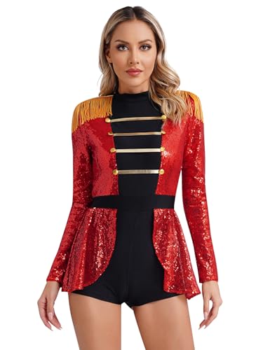 YONGHS Womens Tassel Bodysuit Skirt Long Sleeve Circus Ringmaster Dress Keyhole Back Party Costume Red A Medium