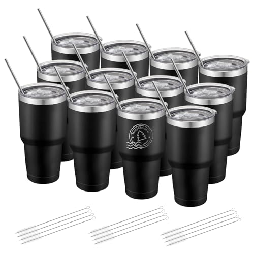 YOUKE OLA 12 Pack Insulated Tumbler Powder Coated Stainless Steel Double Wall Vacuum Travel Coffee Tumbler Cup with Lid and Straw for Laser Engrave DIY Gift 30oz Black