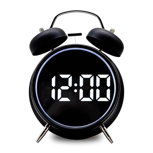 PORFOYO Wecker Digital, Wecker Analog, Doppelglockenwecker mit LED Anzeige, Batteriebetrieben, Ohne Ticken für Tiefschläfer, Kinder, Büroangestellter, Schlummerfunktion, Schwarz