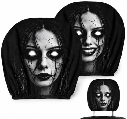 2 Stück Lustige Auto Kopfstützenbezüge, Horror Ghost Face Halloween Deko | Doppelseitig Bedruckt, Elastische Atmungsaktiv, Halloween Auto-Innendeko, Scare Seats, SUV LKW PKW, Gruse