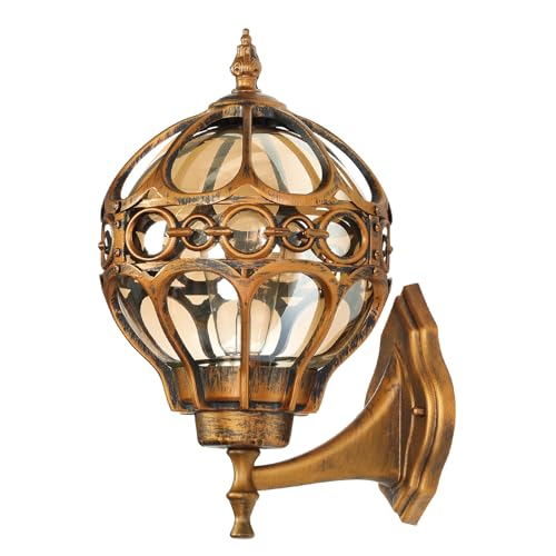 Gold Outdoor Wall Light Fixtures, Globe Exterior Aluminum Waterproof Porch Lights, Sphere Anti-Rust Outside Lantern Wall Mount with Amber Glass for Patio Backyard Garage Doorway Front Door