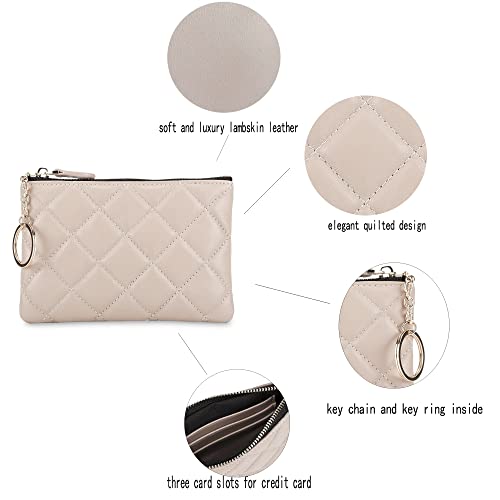 Doris&Jacky Soft Lambskin Leather Coin Purse Small Quilted Rfid Blocking Top Zipper Wallet With Keychain (Beige) #TOP2